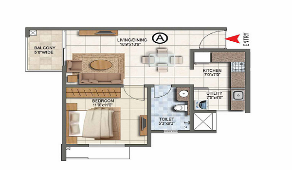 1 BHK, 750–850 sq.ft. floor plan at Prestige Neopolis