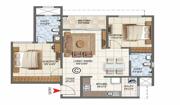 2 BHK, 1,250–1,657 sq.ft. floor plan at Prestige Neopolis