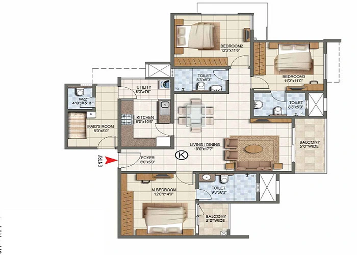 3 BHK, 1,989–2,257 sq.ft. floor plan at Prestige Neopolis